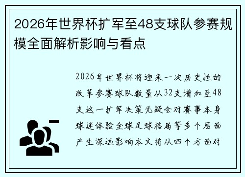 2026年世界杯扩军至48支球队参赛规模全面解析影响与看点